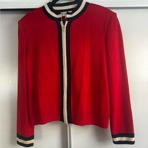 St. John Collection Red Knit Open-Front Jacket with Black and Cream Trim